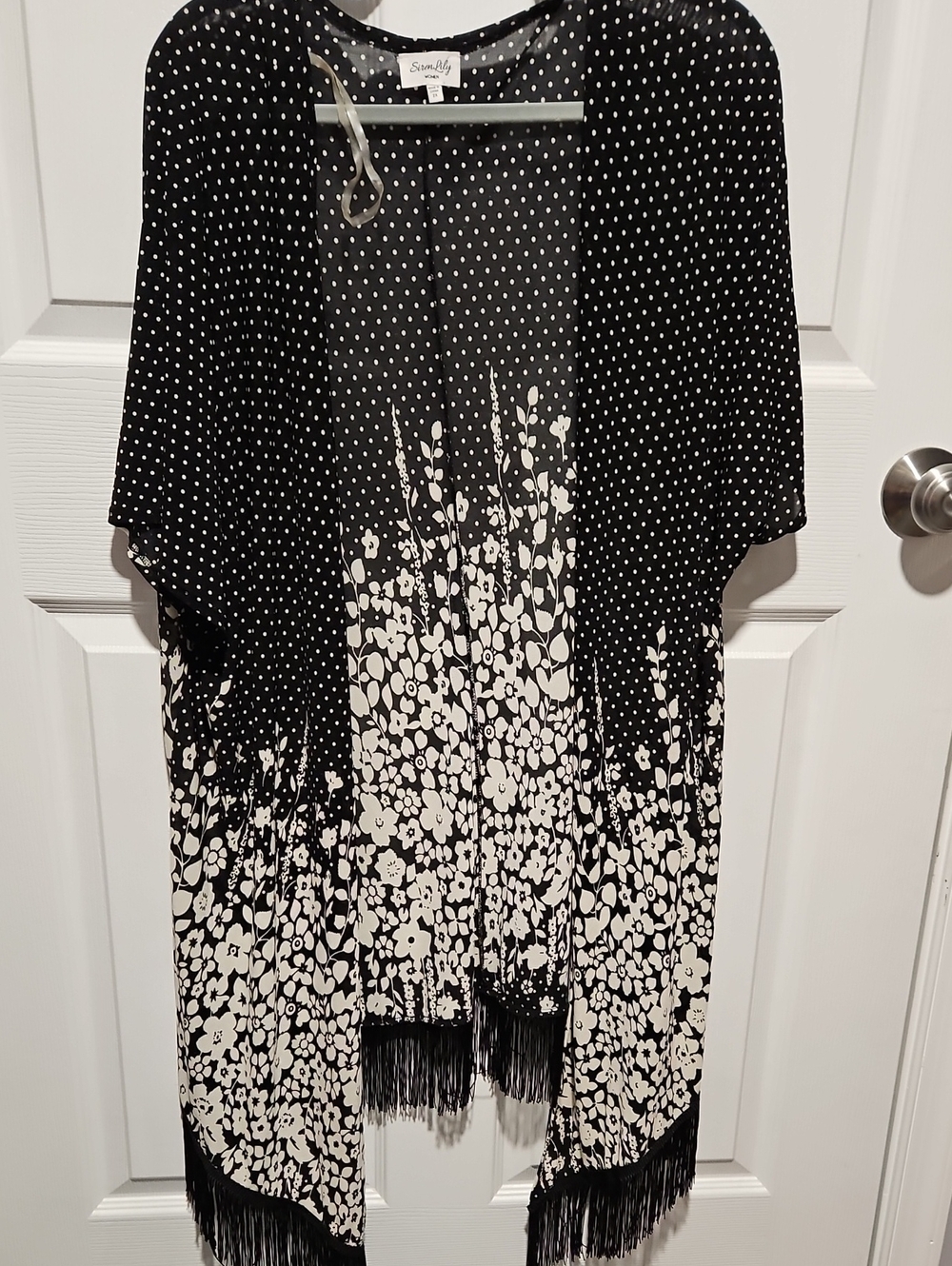 Siren Lily Black & White Polka Dot Floral Fringe Kimono